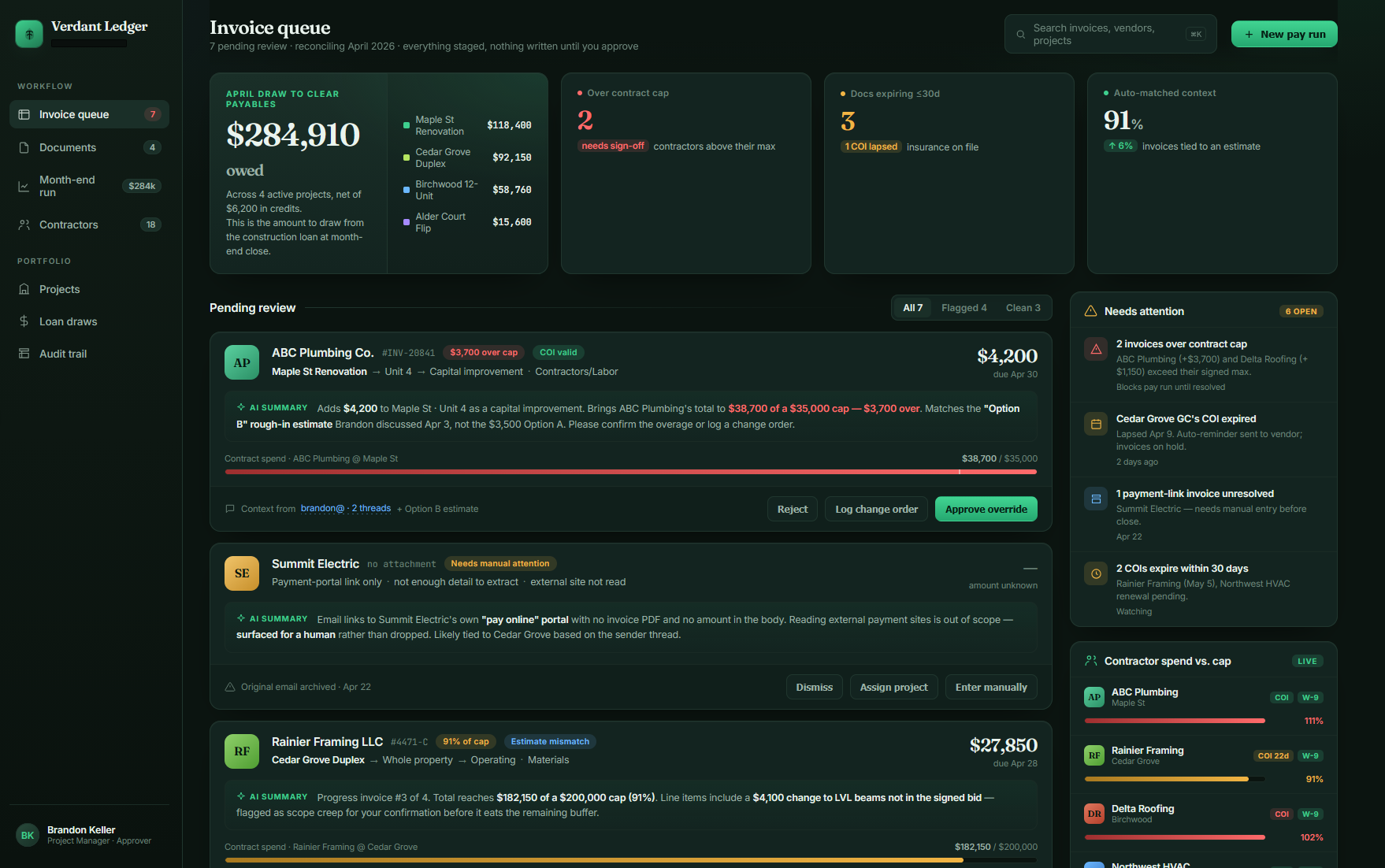 Verdant Ledger 01. All company names, contractor names, projects, invoice numbers, and dollar figures shown here have been replaced with fictional placeholder data. Nothing on this screen is real or confidential.
